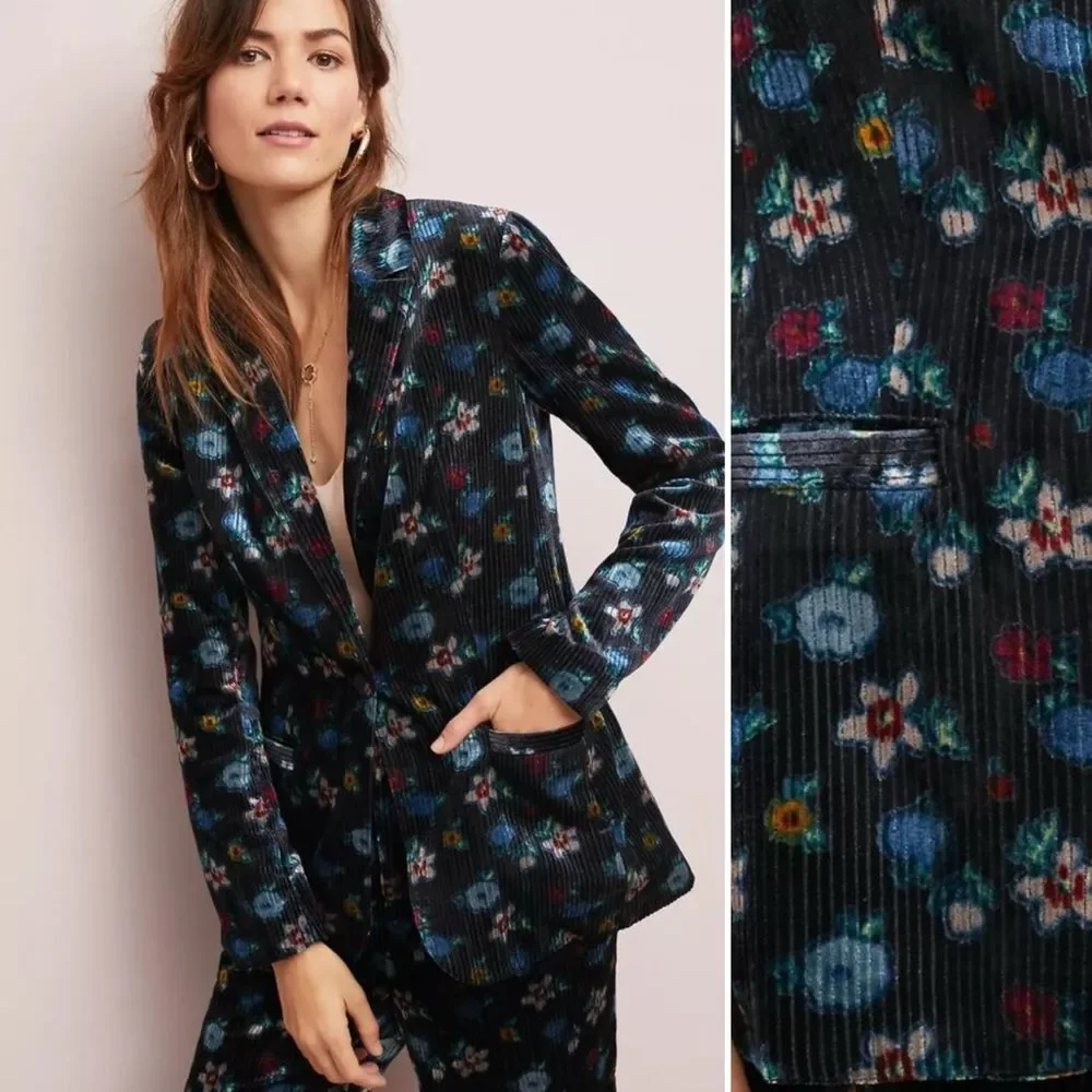 ANTHROPOLOGIE Ett Twa Blooming Velvet Floral Jacket Blazer 4 S